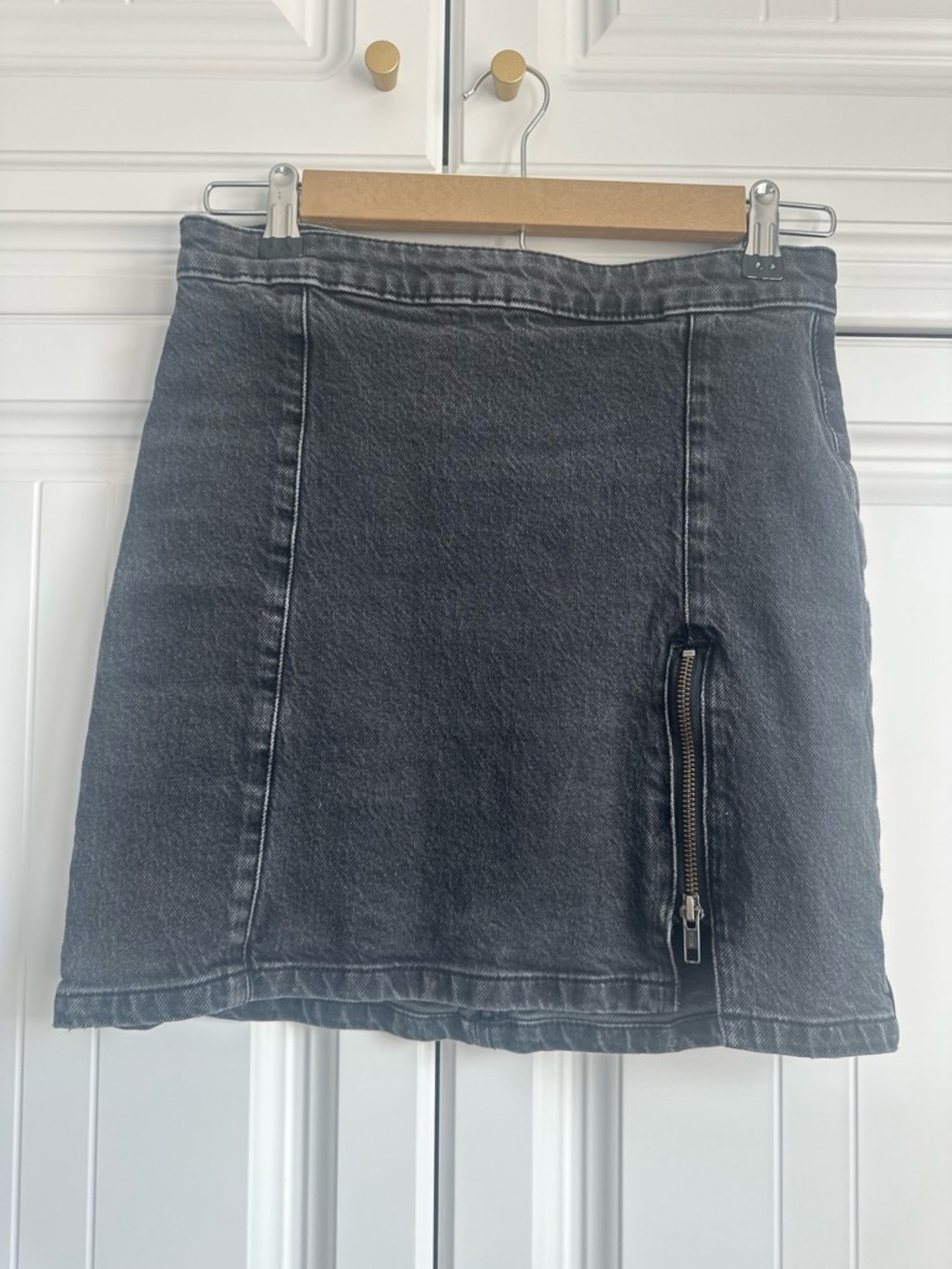 Free People Washed Black Denim Mini Skirt with Exposed Zip